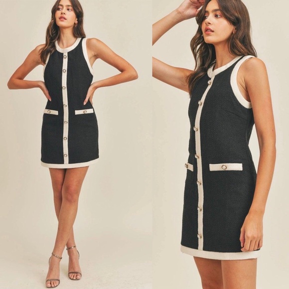 NWT Just Me Tweed Shift Mini Dress, Pearl Buttons, Chanel Style, Black, Large - Picture 3 of 6